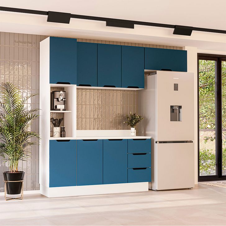 Cozinha Completa com Tampo e Rodapé Meena 8 Portas 3 Gavetas Azul e Branca