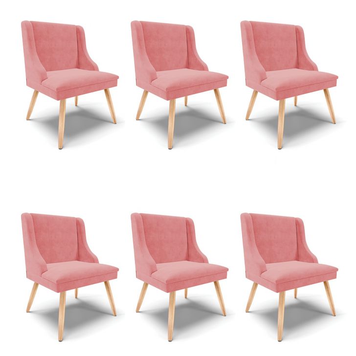 Kit 06 Cadeiras de Jantar Liz Suede Rosê Pés Palito Natural - D'Rossi