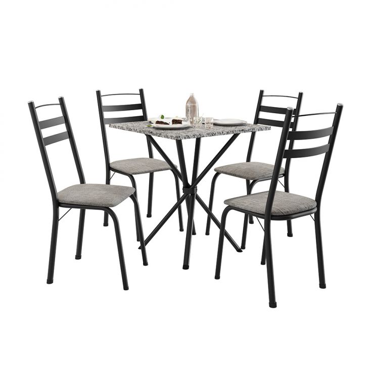 Conjunto de Mesa Quadrada com Tampo Granito e 4 Cadeiras Léia II Revestimento Sintético Preto e Grafiato