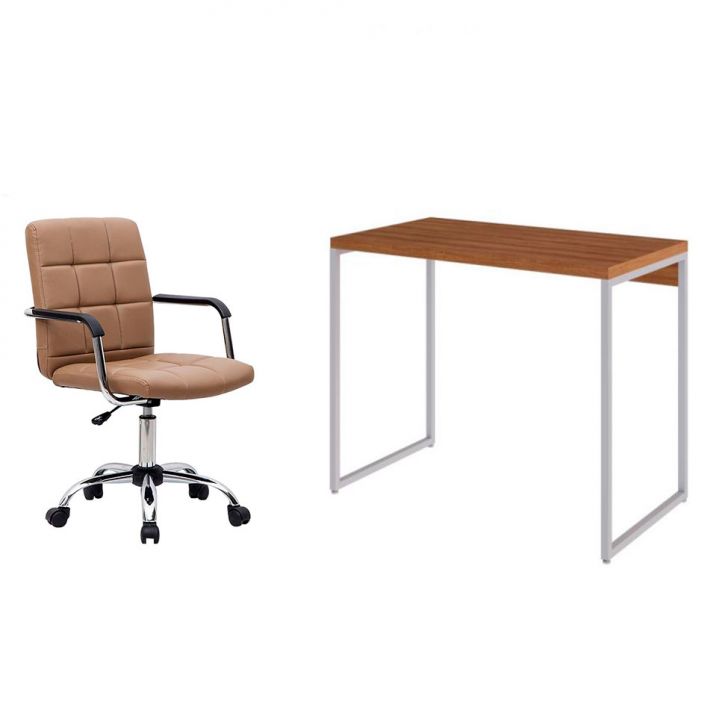 Conjunto de Mesa Studio Mel e Branca com Cadeira de Escritório Secretária Giratória Fitz Marrom