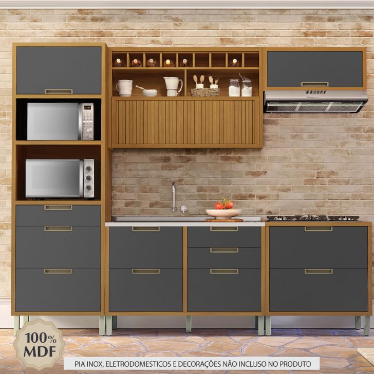 Cozinha Compacta Imperatriz 5 Portas 8 Gavetas Freijó e Off White