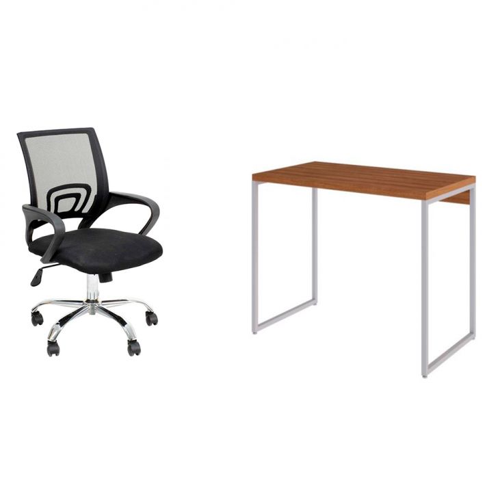 Conjunto de Mesa Studio Mel e Branca com Cadeira de Escritório Secretária Giratória New Java Preta