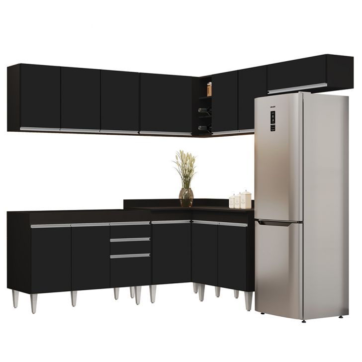 Armário de Cozinha Modulado de Canto 7 Peças CP19 Balcão sem Tampo Preto - Lumil