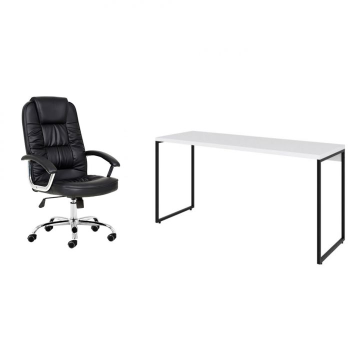 Conjunto de Mesa Studio Branca com Cadeira de Escritório Presidente Giratória com Relax Finland Preta