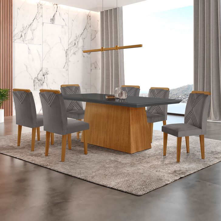 Conjunto De Mesa De Jantar Retangular Com Tampo De Vidro Luna E 6 Cadeiras Italia Veludo Grafite E Imbuia