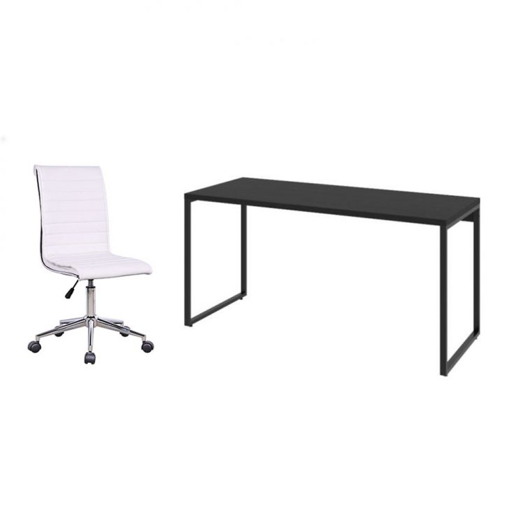 Conjunto de Mesa Kuadra I Preta 150 cm com Cadeira de Escritório Secretária Giratória Marilyn Branca