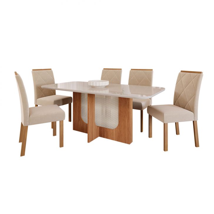 Image of Conjunto De Mesa De Jantar Retangular Com Tampo De Vidro Off White Louise E 6 Cadeiras Fernanda Suede Nude E Cinamomo PLA-MO895TA86DOZMOB