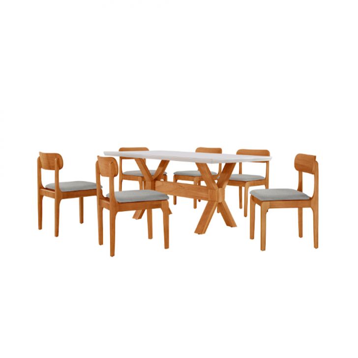 Conjunto De Mesa Retangular Com Tampo De Vidro Off White E 6 Cadeiras Cecília Linho Quartzo E Cinamomo