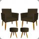 Kit 2 Poltronas Decorativas Reforçadas Para Sala Nina + 2 Puff Redondos Suede Marrom Pé Castanho - Clique E Decore