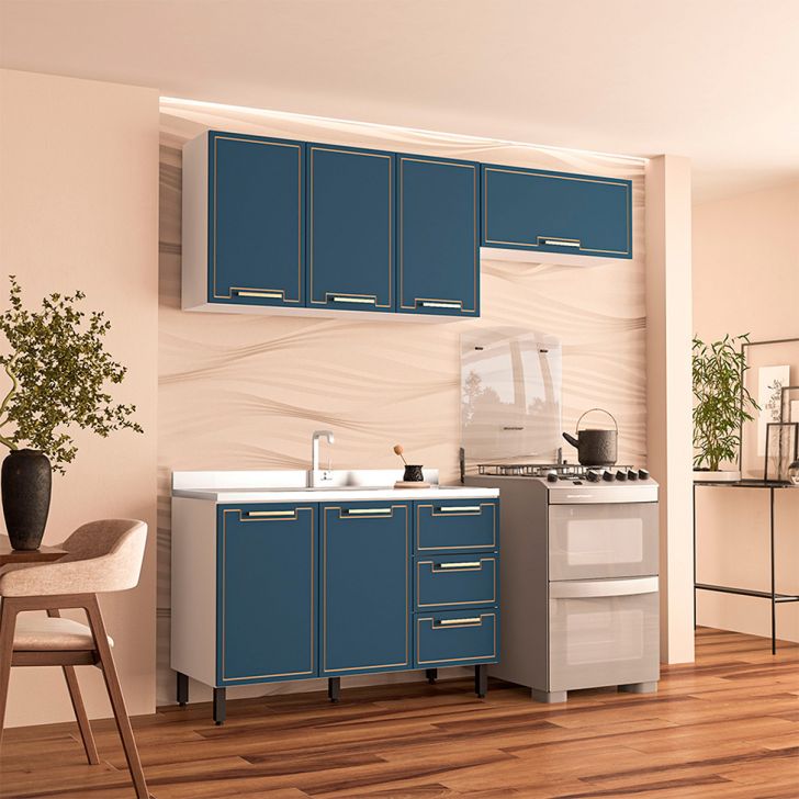 Cozinha Compacta Sem Tampo Amara 6 Portas 3 Gavetas Azul E Branca