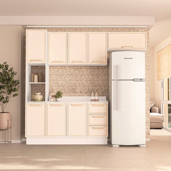 Image of Cozinha Completa Com Tampo E Rodapé Amara 8 Portas 3 Gavetas Creme E Branca PLA-MO895CL86PSNMOB