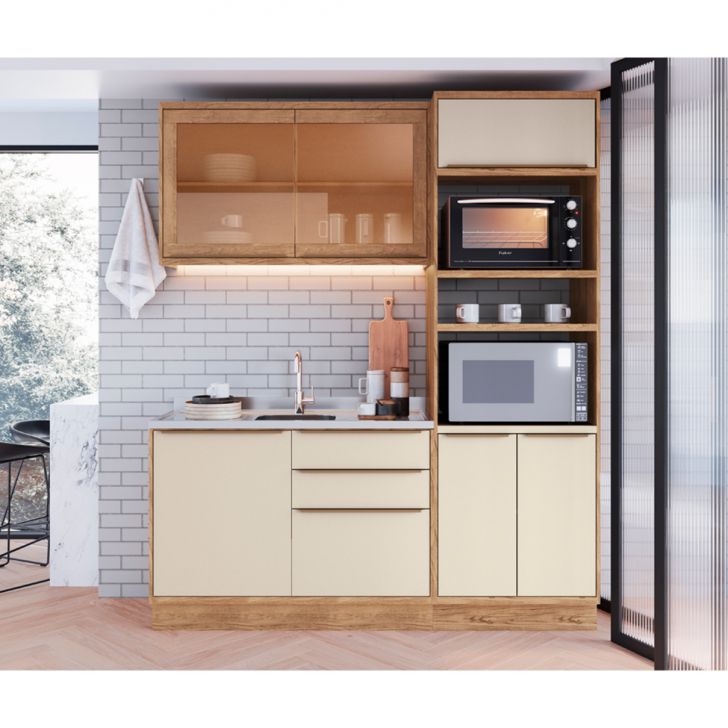 Cozinha Completa Ten com Vidro 6 Portas 3 Gavetas Freijó e Argila