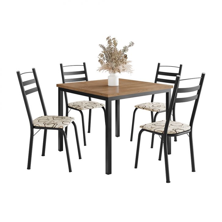 Conjunto De Mesa Quadrada Com Tampo De Mdp Amadeirado E 4 Cadeiras Adriana Revestimento Sintético Cedro E Preto