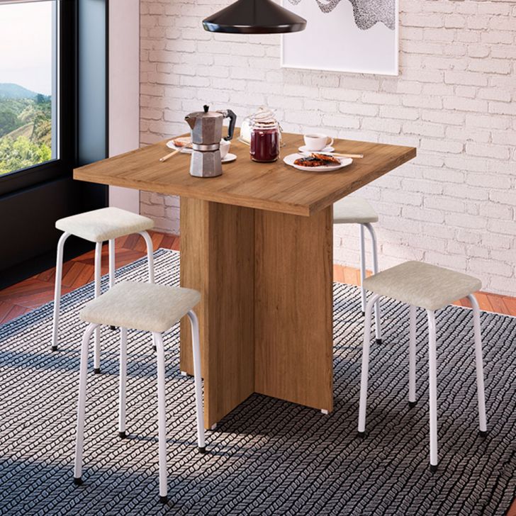 Conjunto De Mesa De Cozinha Com 4 Lugares Verona Tecido Madeira E Off White
