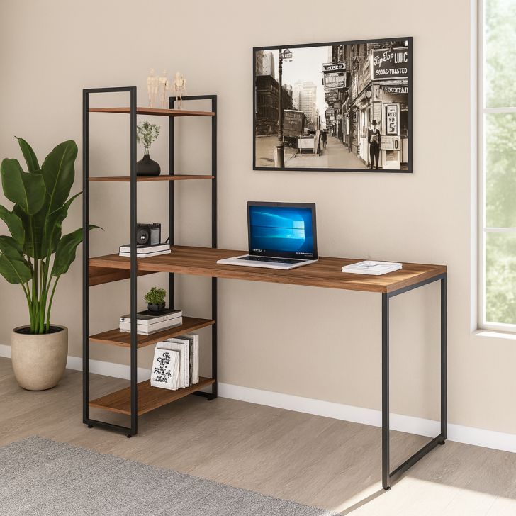 Escrivaninha com Estante Nanda Nogal e Preta 146 cm