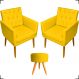 Kit 2 Poltronas Decorativas Nina Com Base E Capitonê + Puff Redondo Suede Amarelo Pé Castanho - Clique E Decore