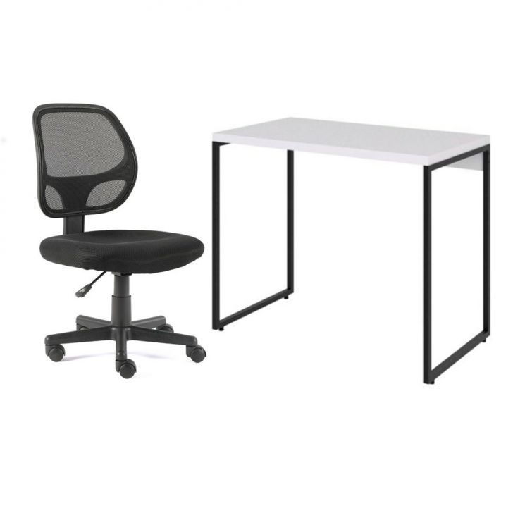 Conjunto de Mesa Studio Branca e Preta com Cadeira de Escritório Secretária Giratória Oxford Preta