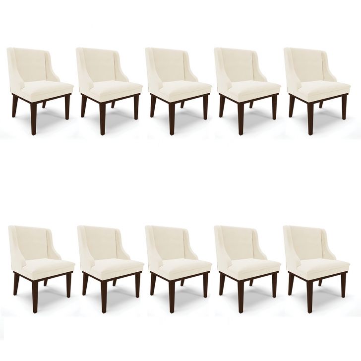 Kit 10 Cadeiras de Jantar Liz Veludo Bege Base Fixa Madeira Tabaco - D'Rossi