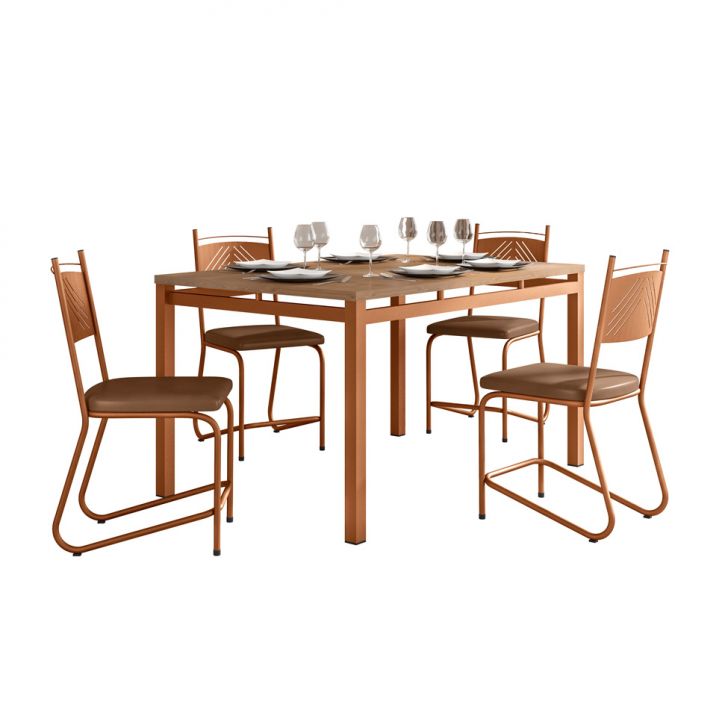 Conjunto De Mesa Retangular Com Tampo De Mdp Marrom Valência E 4 Cadeiras Marselha Revestimento Sintético Terracota E Cobre