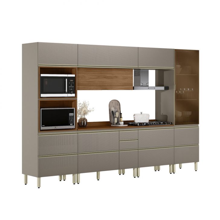 Armário de Cozinha Compacta com Vidro Reflecta Proença 8 Portas 8 Gavetas Nude e Nogueira