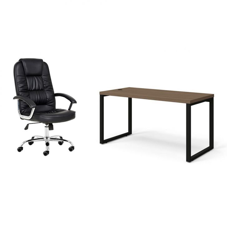 Conjunto de Mesa Munique Carvalho 150 cm com Cadeira de Escritório Presidente Giratória com Relax Finland Preta