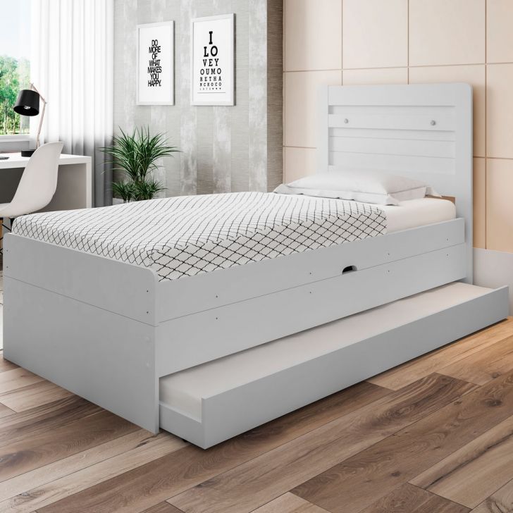 Cama Baú Solteiro Branco com Aux. com Colchões