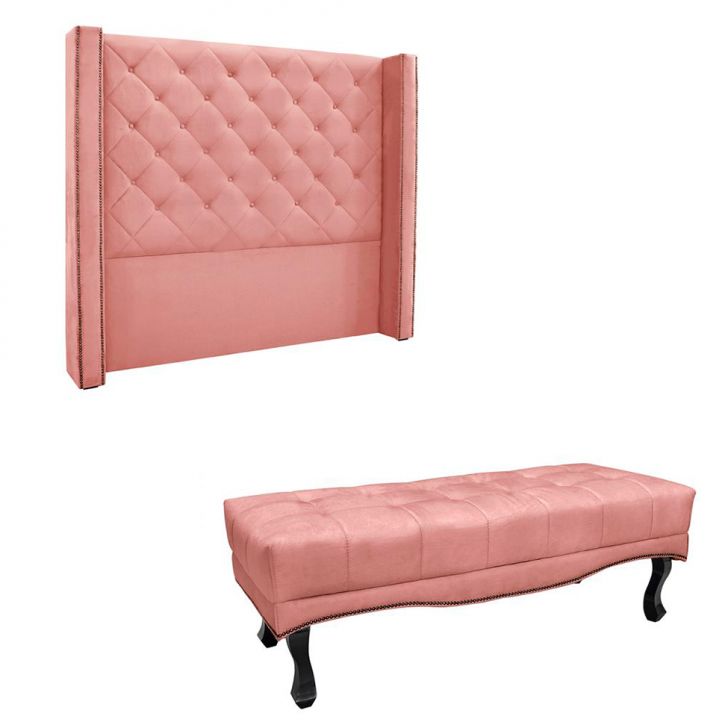 Conjunto de Cabeceira Solteiro com Recamier Vicenza Veludo Rosa