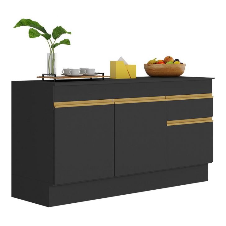 Balcão Cozinha com Rodapé Gabinete Pia 150 cm 3 Portas 1 Gaveta Veneza GB Multimóveis MP2107 Preto