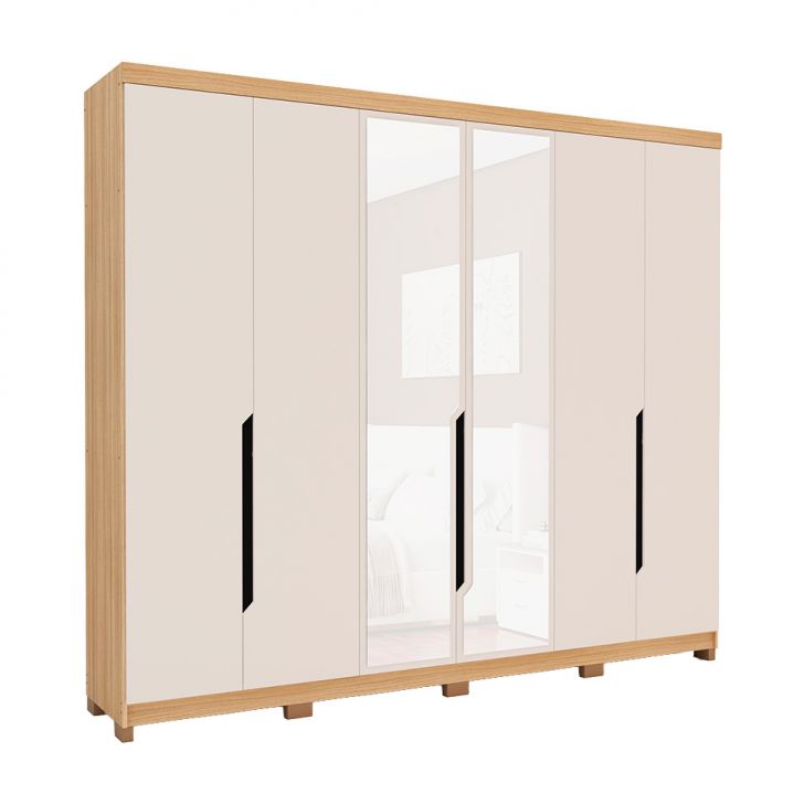Guarda-roupa Casal Com Espelho Barcelona 6 Portas 4 Gavetas Carvalho E Off White