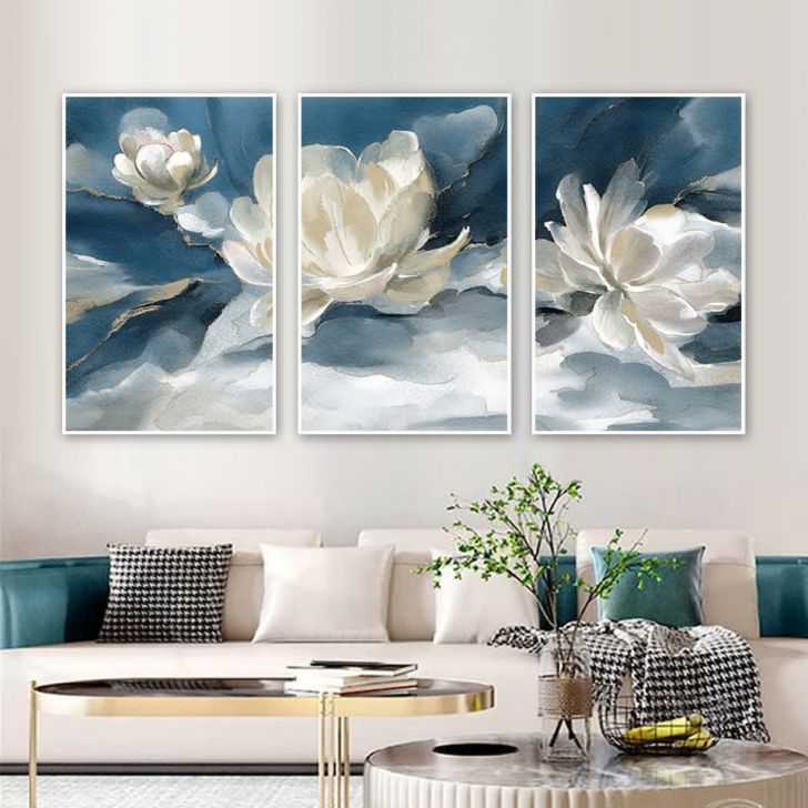 Kit com 3 Quadros Decorativos 70x50 cm Floral Romantico com Moldura Caixa Branca, na posição Vertical ideal para ambiente de Sala, Quarto e Hall