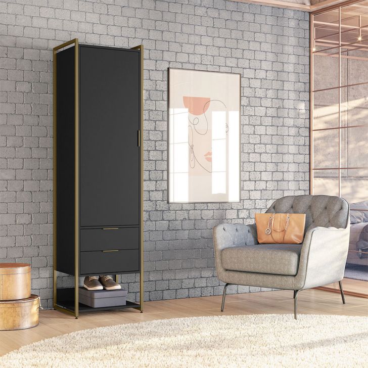 Guarda-roupa Closet Industrial Mital 1 Porta 2 Gavetas Preto E Dourado