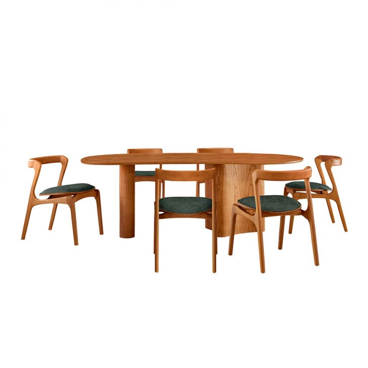 Mesa De Jantar Orgânica Com Tampo Laminado E 6 Cadeiras Savana Veludo Jade E Imbuia Natural