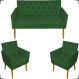 Kit Namoradeira + 2 Poltronas Decorativas Para Sala Nina Com Base E Capitonê Suede Verde Pé Castanho