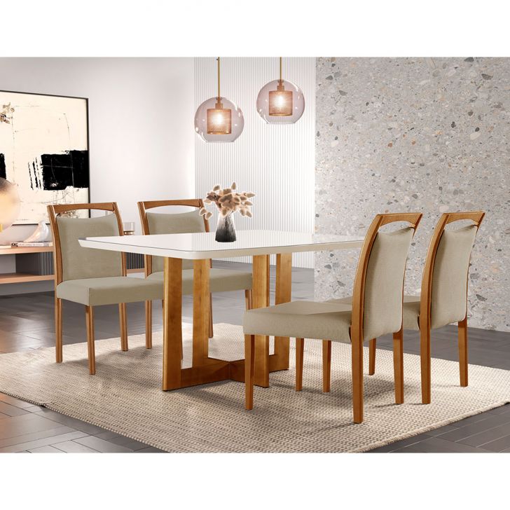 Image of Conjunto De Mesa De Jantar Retangular Com Tampo De Vidro Off White Talia E 4 Cadeiras Livia Linho Bege E Imbuia PLA-MO895TA76UVRMOB