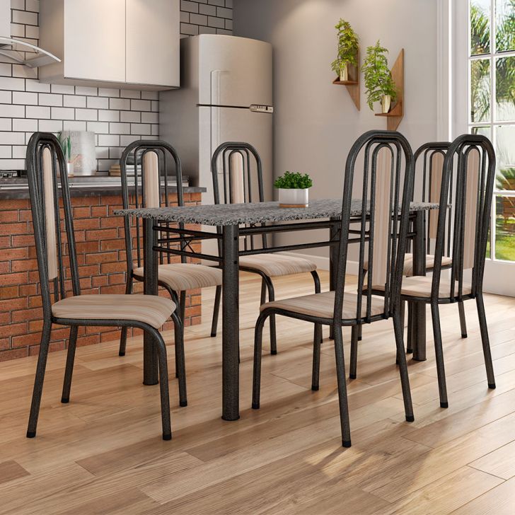 Conjunto De Mesa Com 6 Cadeiras Granada Preto E Natural Bege Gr