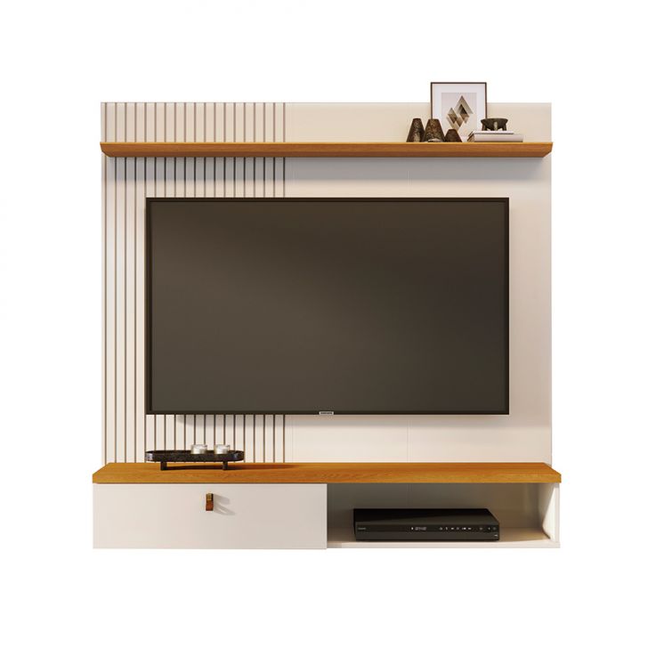 Painel Com Rack Suspenso Para Tv Até 55 Polegadas Iris 1 Porta Off White E Cinamomo