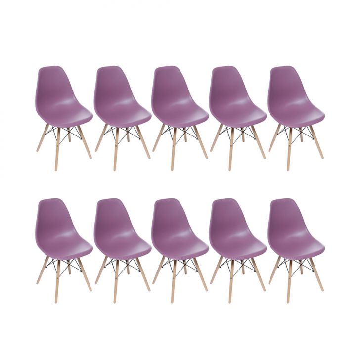 Conjunto com 10 Cadeiras DKR Eames Roxo e Madeira