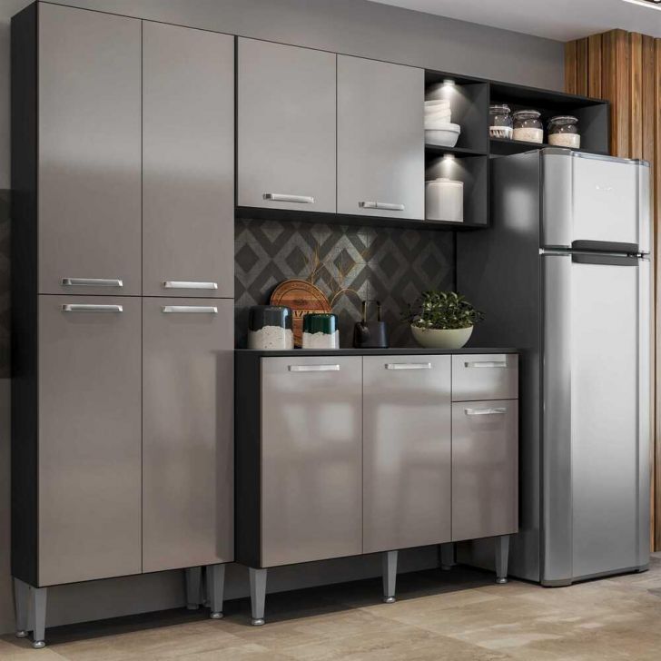 Cozinha Compacta c/ 2 Leds Armário e Balcão com Tampo Pequim Multimóveis Preta/Lacca Fumê