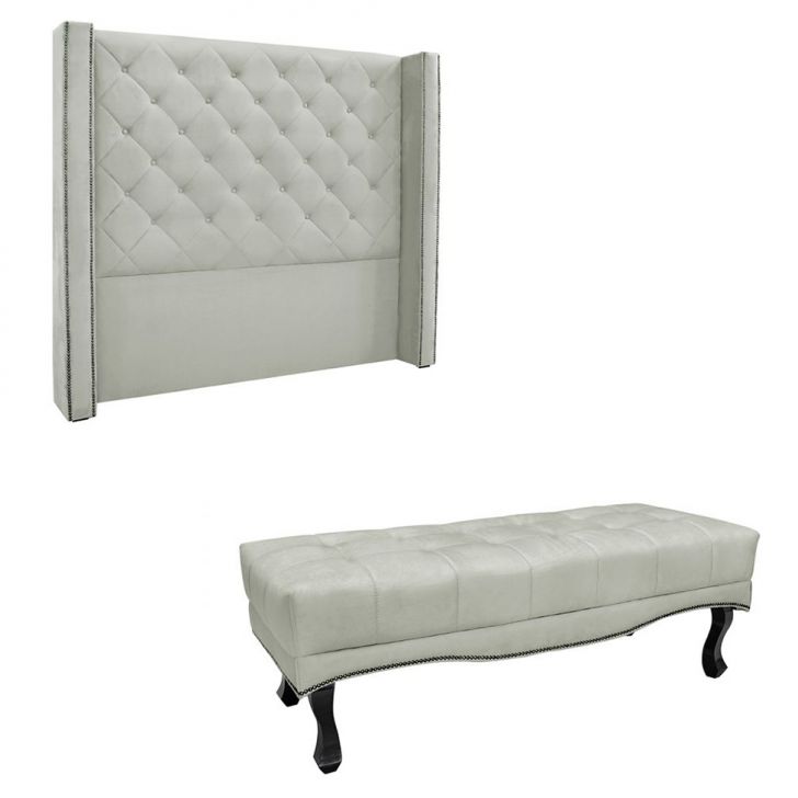 Conjunto de Cabeceira Casal com Recamier Vicenza Veludo Prata
