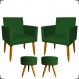 Kit 2 Poltronas Decorativas Reforçadas Para Sala Nina + 2 Puff Redondos Suede Verde Pé Castanho - Clique E Decore