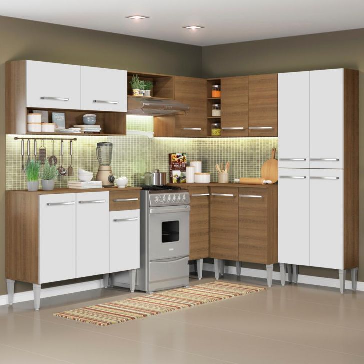 Cozinha Completa de Canto Madesa Emilly Ice com Armário e Balcão 15 Portas 1 Gaveta - Rustic/Branco