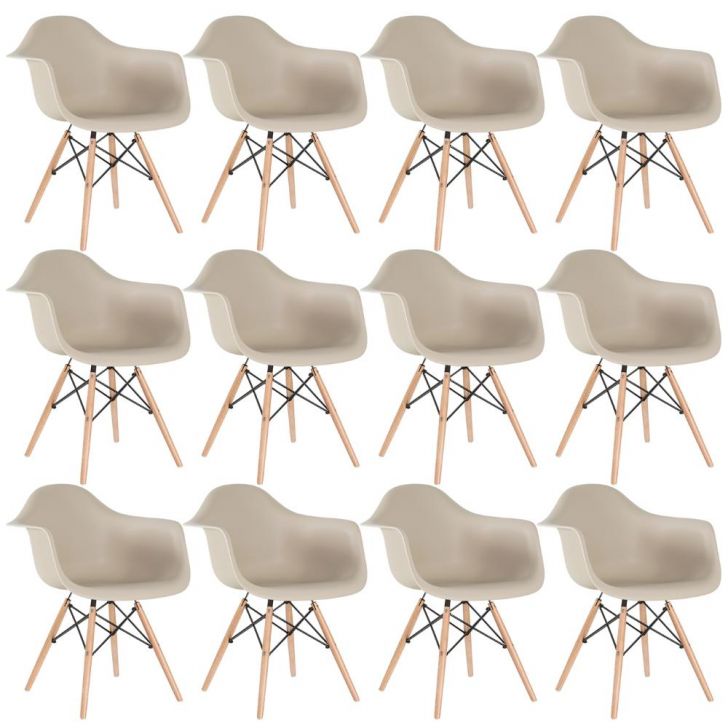 Kit 12 cadeiras Charles Eames Eiffel DAW com braços e pés de madeira clara Nude