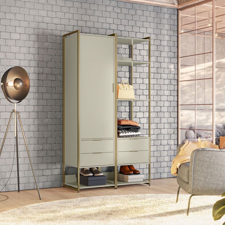 Guarda-roupa Closet Industrial Mital 1 Porta 4 Gavetas Off White E Dourado