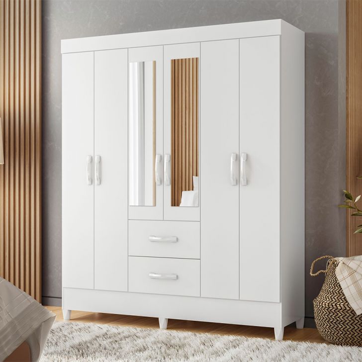 Guarda-roupa Casal Com Espelho Mobi Flex 6 Portas 2 Gavetas Branco