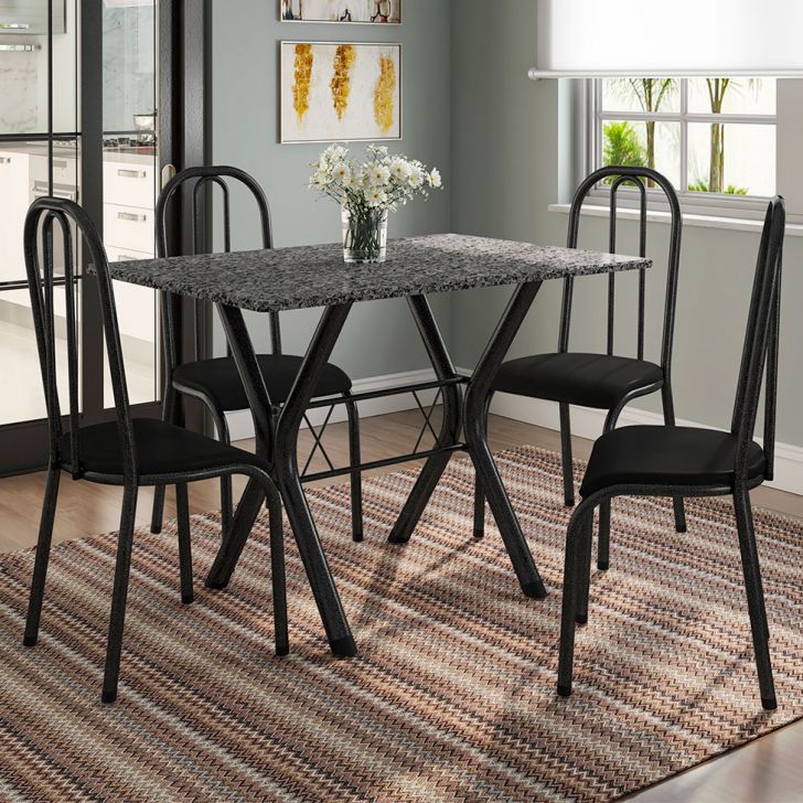 Conjunto De Mesa Miame 110 Cm Com 4 Cadeiras Madri Preto E Preto Liso
