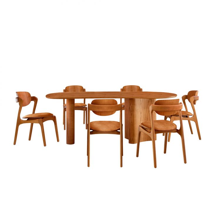 Mesa De Jantar Orgânica Savana Com Tampo Laminado E 6 Cadeiras Savana Gold Corino Star Caramelo E Imbuia Natural