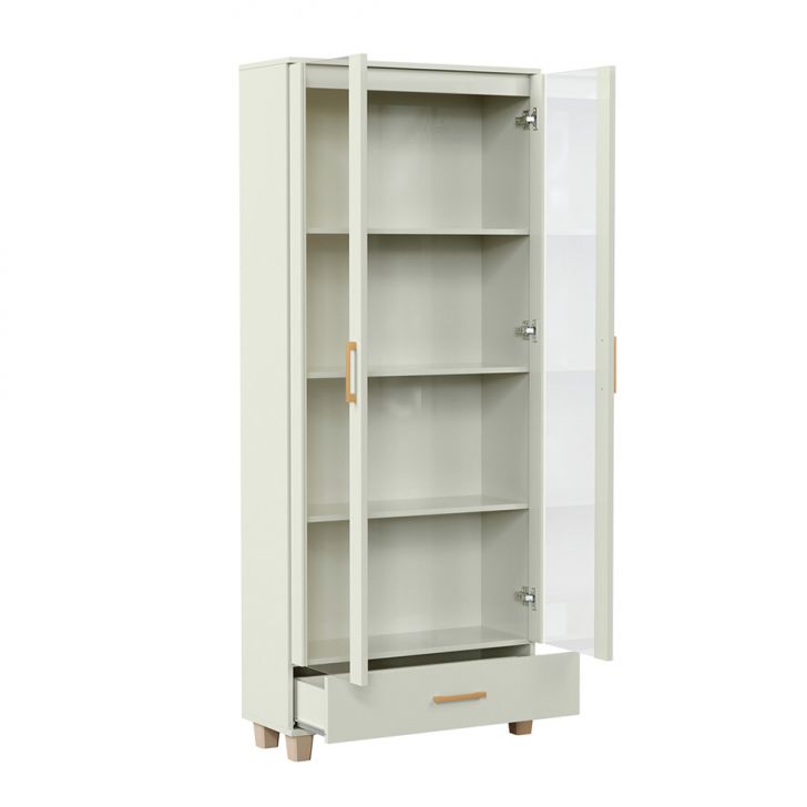 Estante Lívia com Vidro 2 Portas 1 Gaveta Off White e Dourada