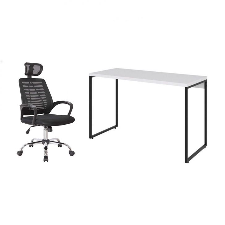 Conjunto de Mesa Studio Branca 120 cm com Cadeira de Escritório Diretor Giratória Light Preta