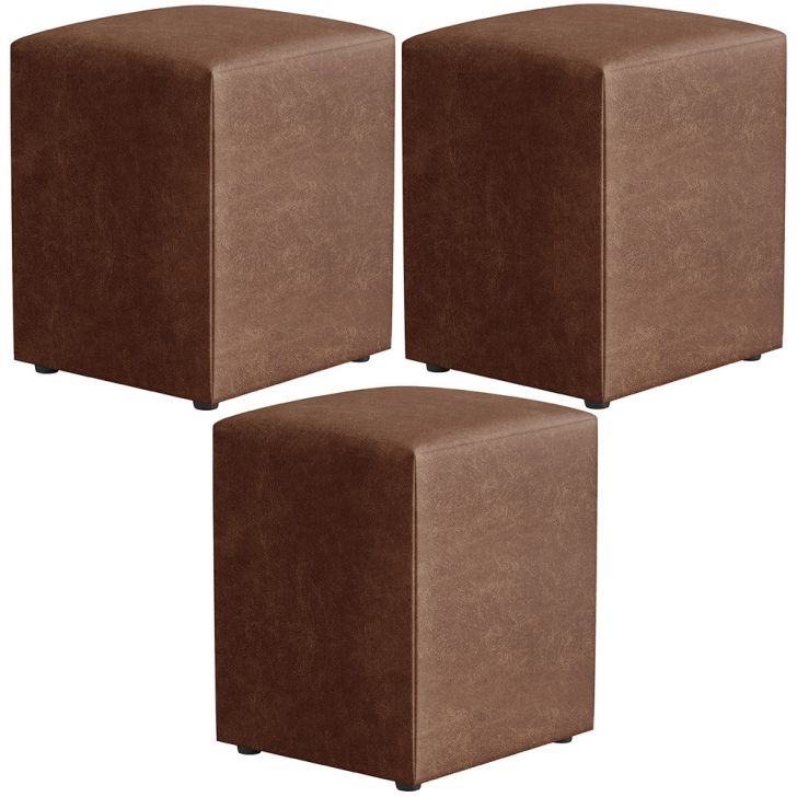 Kit 03 Puffs Quadrado L02 Decorativo Couríssimo Marrom - Lyam Decor