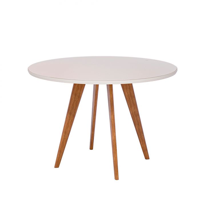 Mesa de Jantar Redonda com Tampo de Vidro Acerola Off White e Madeira 109 cm